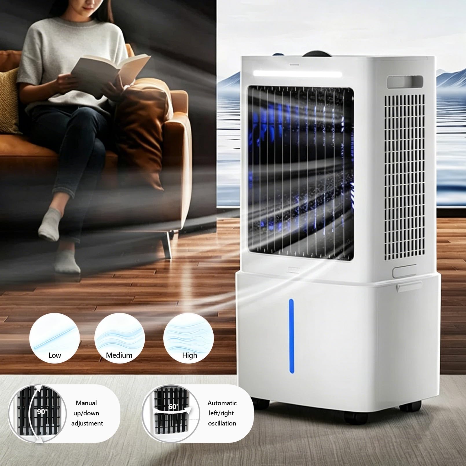 Enfriador de aire 25L con 2 bloques de hielo, 2000m³/h, 80W, 3 vel., 3 modos, mando, temporizador, oscilación, para 15-20m²