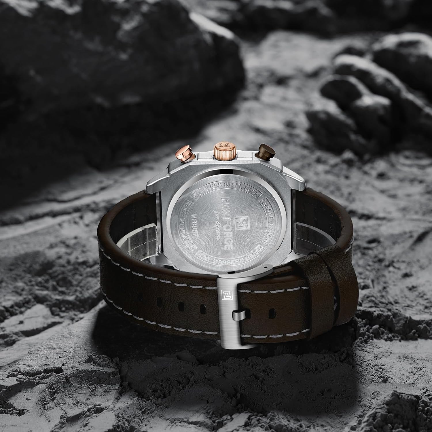NAVIFORCE Men's Fashion Sport Watches Military Square Big Face Waterproof Chronograph Wristwatch with Luminous Hands,Leather Strap - Image 4