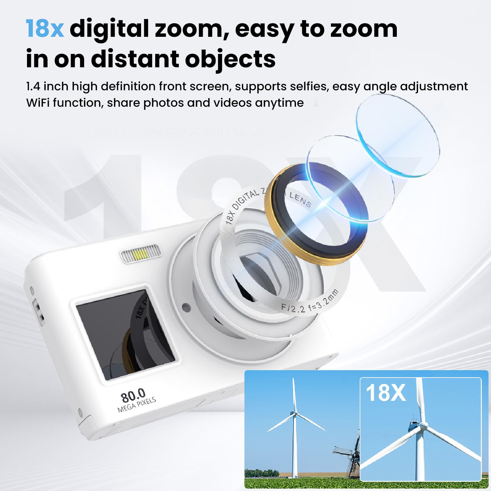 BuyWeek Cámara Digital 80MP 5K Cámara Selfie de Pantalla Dual con Zoom 18X AF Enfoque automático Filtros Creativos y Belleza para fotografía
