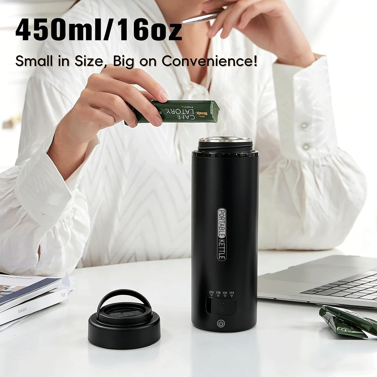 Travel Electric Kettle Small, Smart Water Bottle with 4 temperature control, 450 mL Portable Self Heating Kettle with Leak-Proof for Dormitories, Offices, Business Travel Hotels, 120V