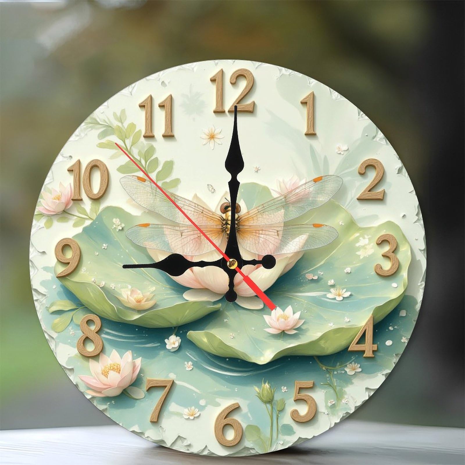 Horloge murale libellule et fleur de lotus 2D : cadran à quartz silencieux de 25 cm
