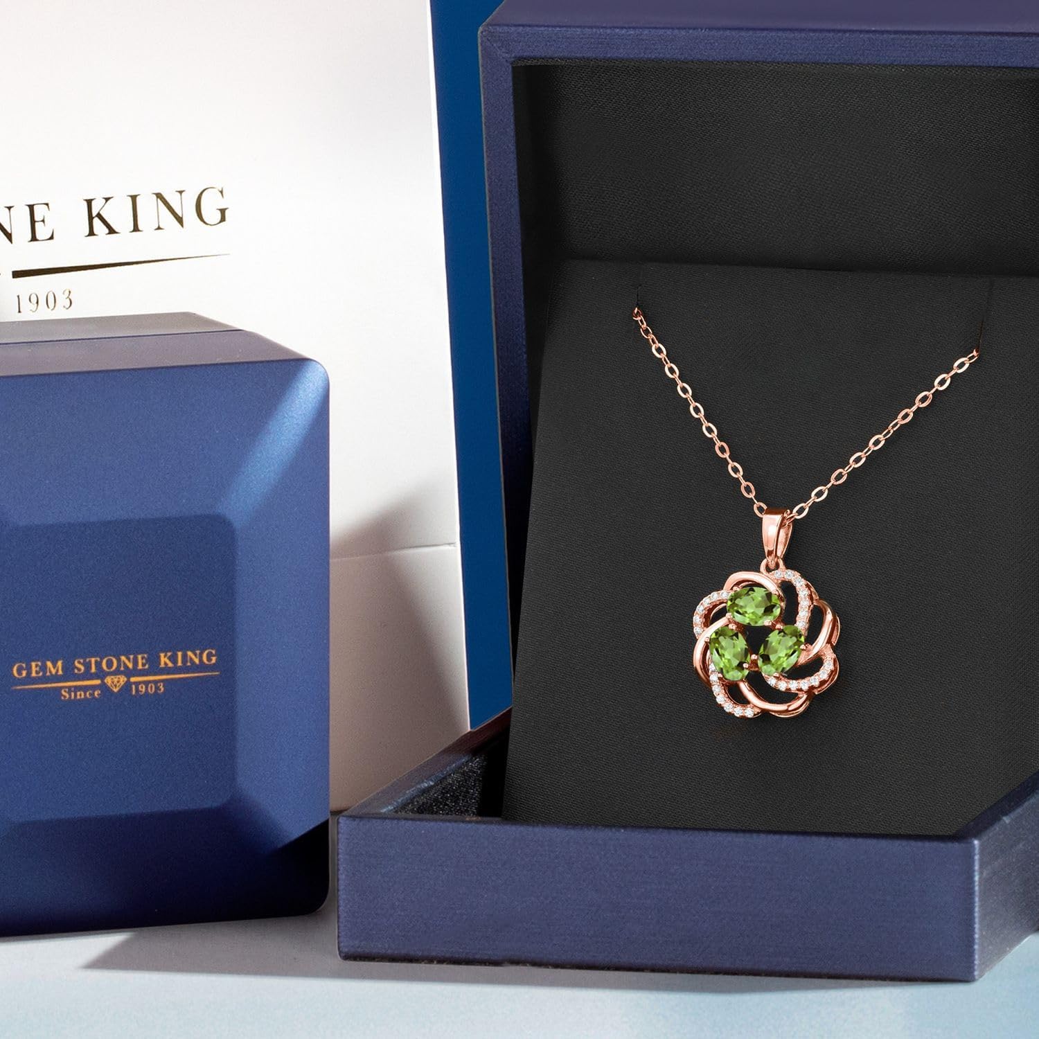 Gem Stone King 18K Rose Gold Plated Silver Gemstone Birthstones 3 Stone Spiral Pendant Necklace for Women | Oval 6X4MM | Includes 18 Inch Chain | Fine Jewelry for Her Mom Wife