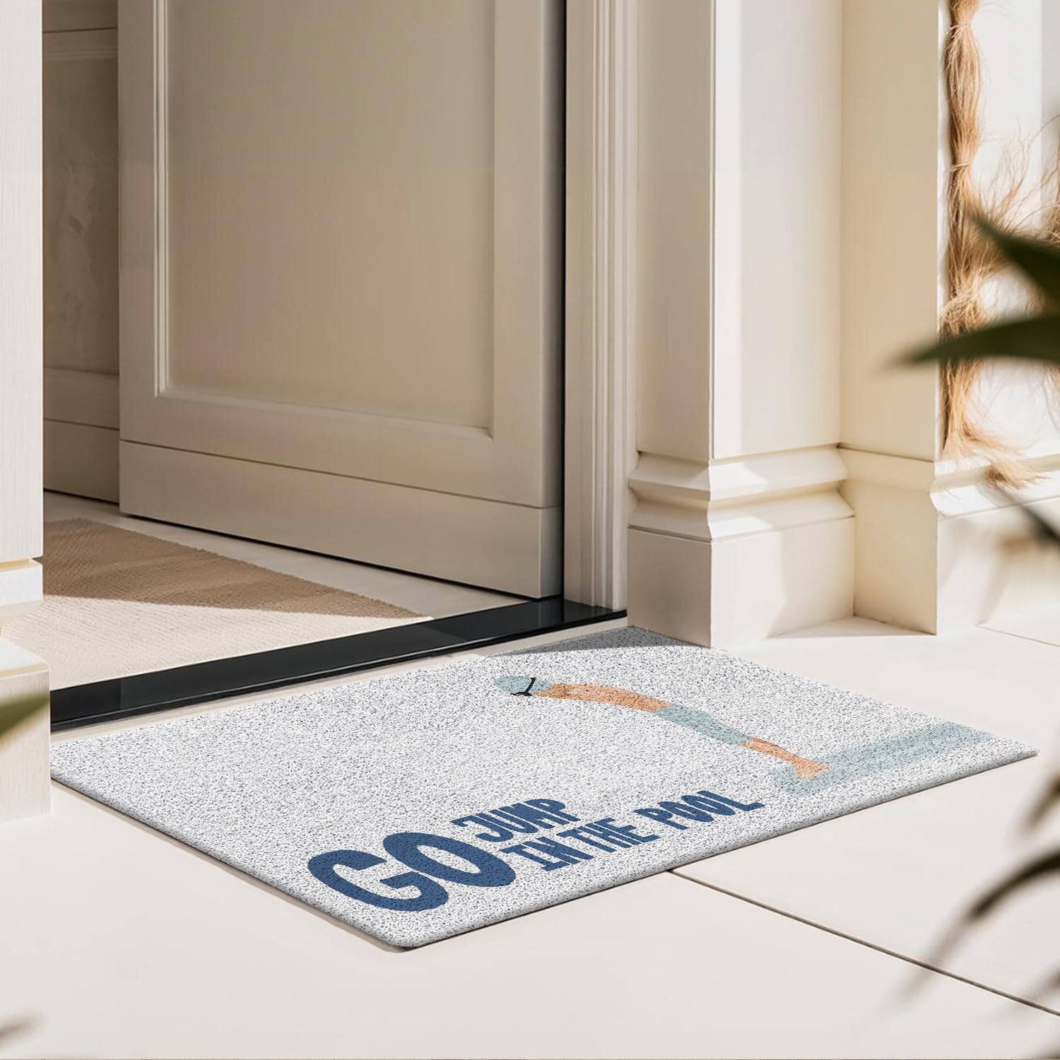 Coastal Beach Door Mat, Go Jump in The Pool Funny Blue Doormat Welcome Mats for Front Door Porch Outdoor Outside Entrance, Beach Bath Rug for Bathroom, 17x30 Inch