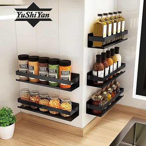 Miniatura 2 de Estantes flotantes montados en la pared, estante de baño de acero inoxidable inoxidable, estante de especias de cocina sin clavos negro, organizador