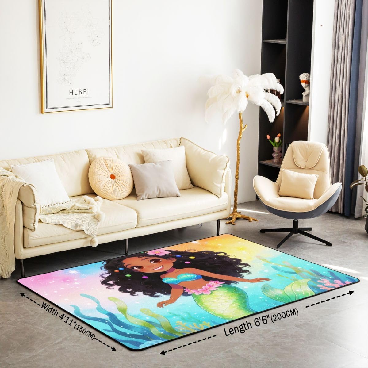 Feelyou Princess Mermaid Area Rug 3x5 Polyester Black Girl Mermaid Living Room Rugs for Bedroom Colorful Ocean Theme Decor Carpet Seaweed Shells Indoor Floor Mat Soft Non-Slip