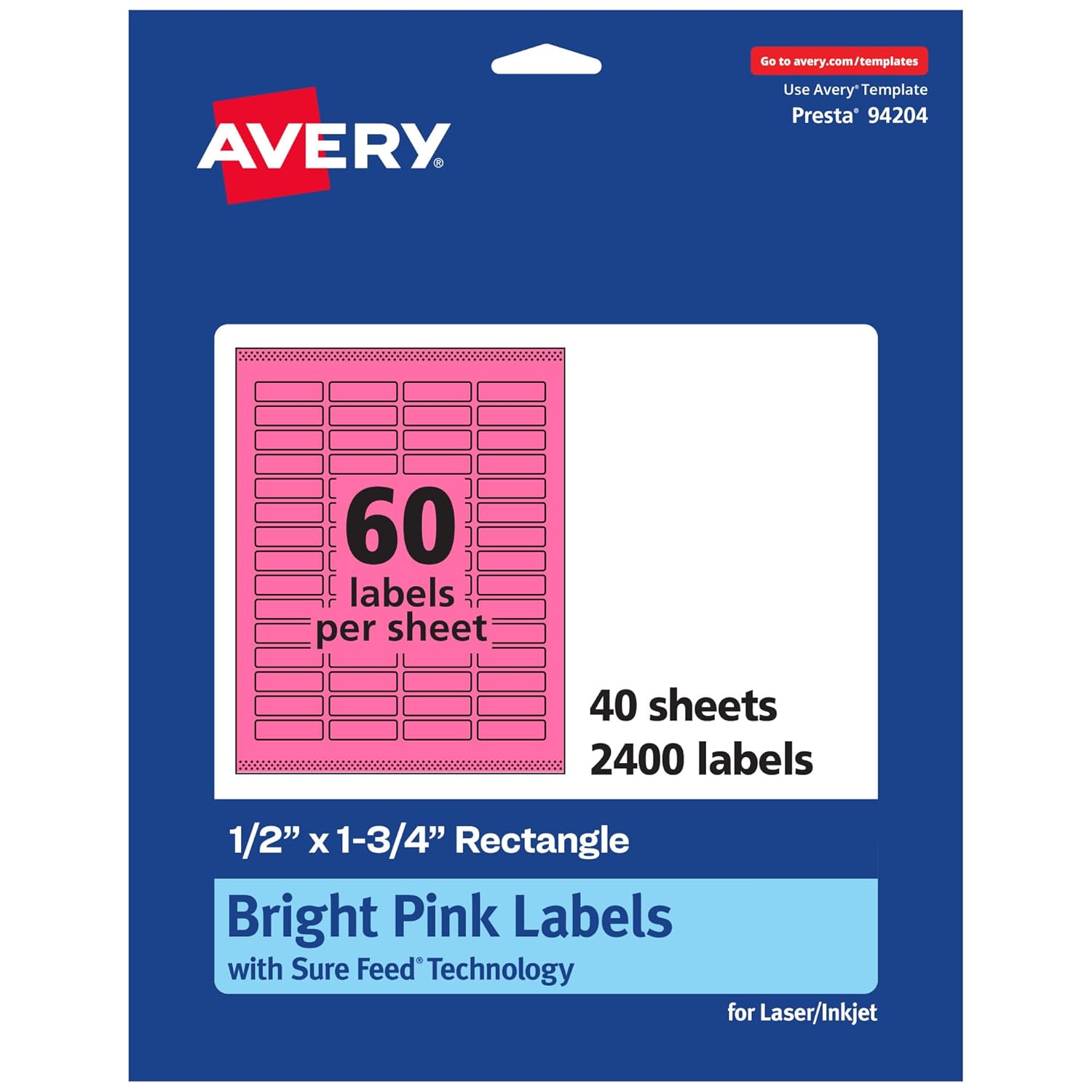 Avery Printable Rectangle Labels, Sure Feed Technology, 1/2" x 1-3/4", Bright Pink Labels, Print-to-The-Edge, Laser/Inkjet Printable, 2,400 Total, Great for Jars and More