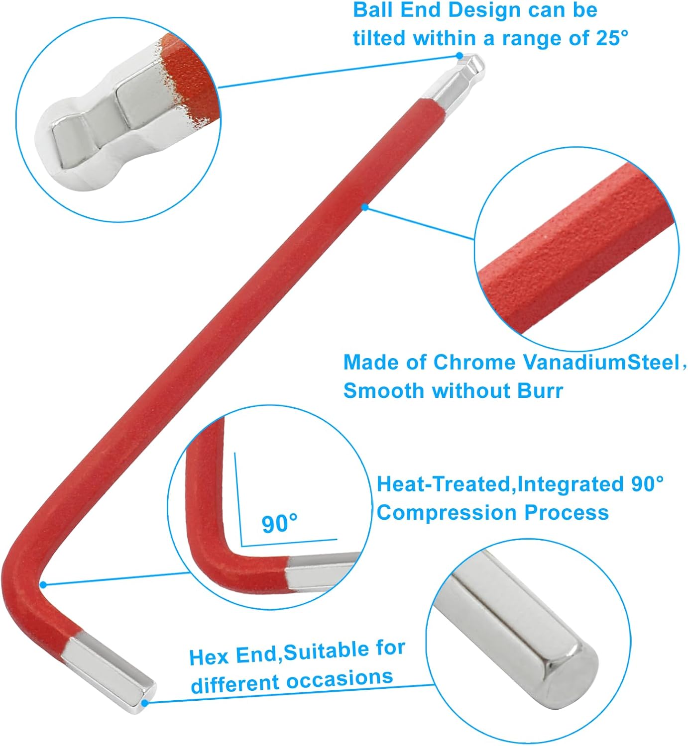 6mm Ball End Allen Wrench Set,25° Angle Metric Allen Wrenches Set,Red Hex Allen Wrench Pack of 4,Ball End L Key Wrench for Bicycle,Furniture,Equipment