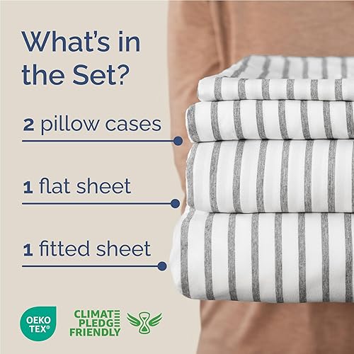 Miniatura 2 de Sábanas a rayas, color gris y blanco, sábanas a rayas color gris y blanco, sábanas de rayas tamaño matrimonial, de lujo para hotel, con bolsillos