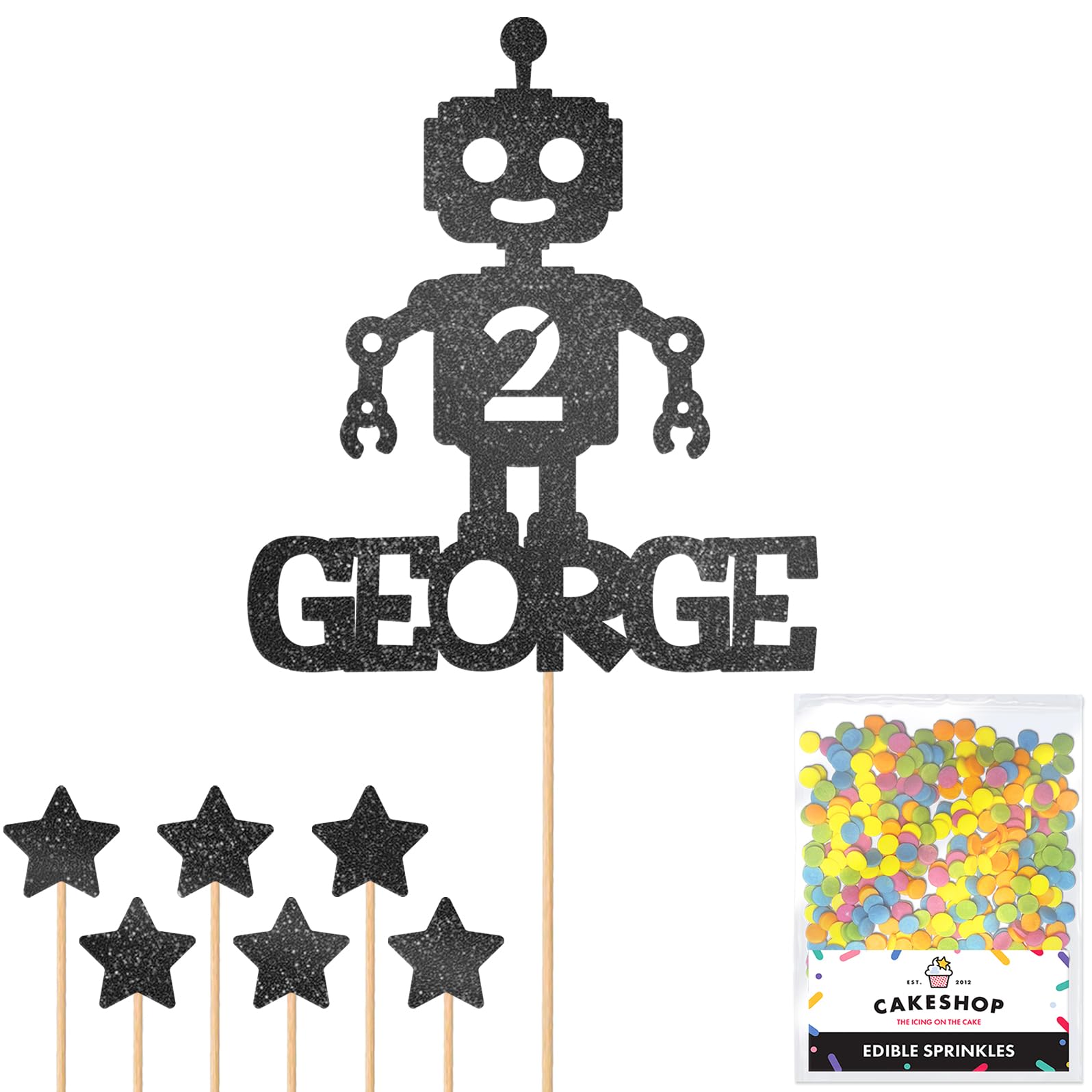 Personalised Birthday Space Robot Glitter Cake Topper- Black Any Custom Age & Name Glitter Cake Decoration and Sprinkles - Happy Birthday Decorations - Personalised Toppers for Cakes by Cakeshop — image 1