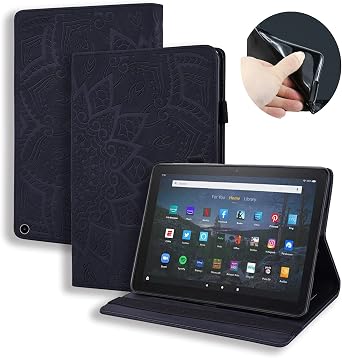 Smart Case for Amazon Fire HD 10 13th/11th Gen 2023/2021, Techcircle Mandala Embossed PU Leather Folio Stand Soft TPU Back Cover Slim Lightweight Protective Case with Card Slots+Pen Holder, Black