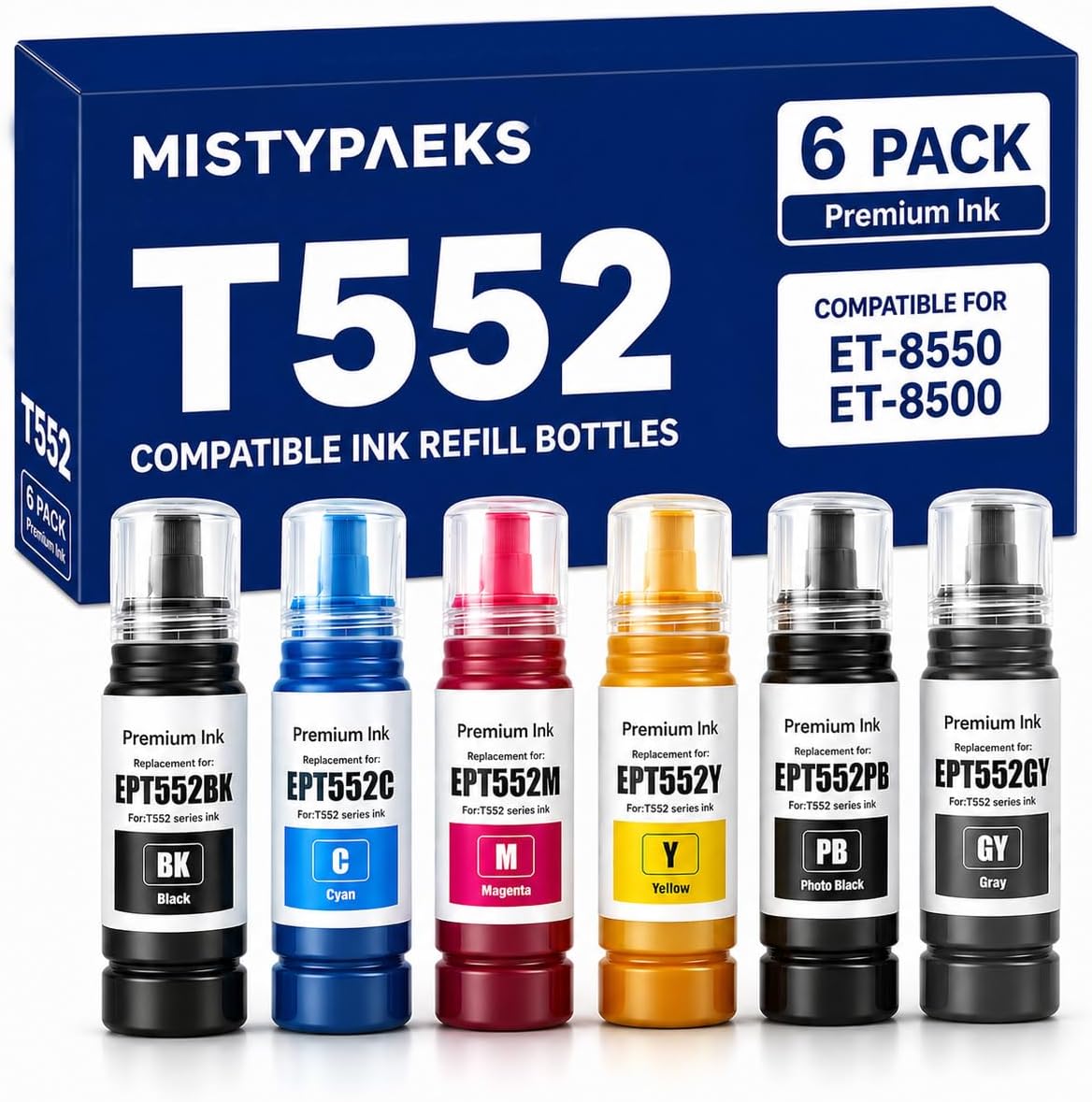 552 Ink Refill Bottles 6 Pack Compatible with Photo ET-8550 ET-8500 Printer, Auto-Stop 552 Ink Replacement, BK PB C M Y GY, Not Sublimation Ink
