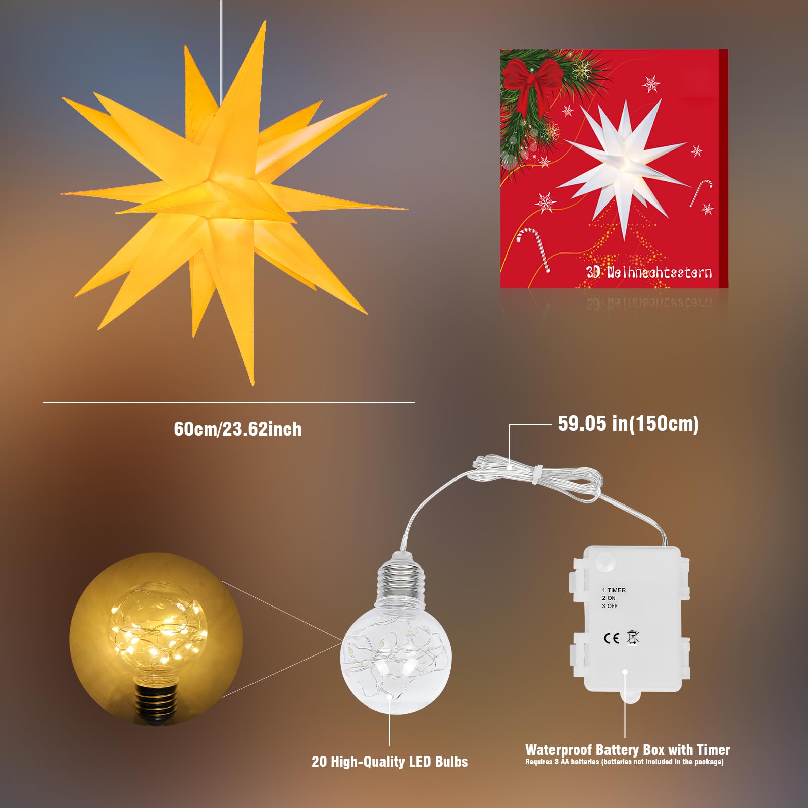 Sky angle Étoile de Noël lumineuse 3D - Batterie avec minuterie - Pour fenêtre - 45 cm - Pour décorer le sapin de Noël - LED jaune - Pour cour, balcon et jardin