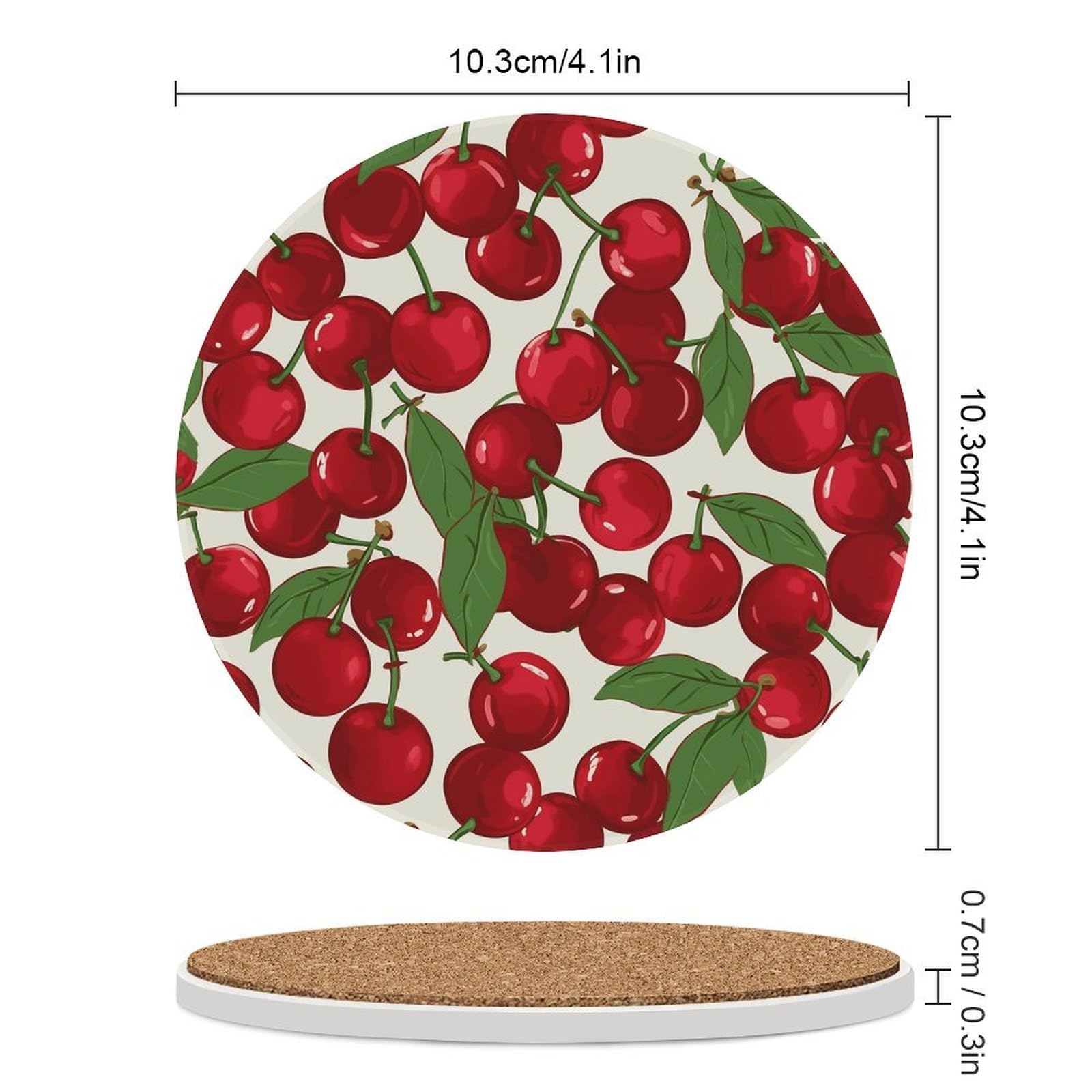 Dessous de verre en forme de cerises rouges avec support pour table basse, dessous de verre en céramique avec base en liège, dessous de verre en céramique pour boissons froides ou chaudes, 10,4 cm