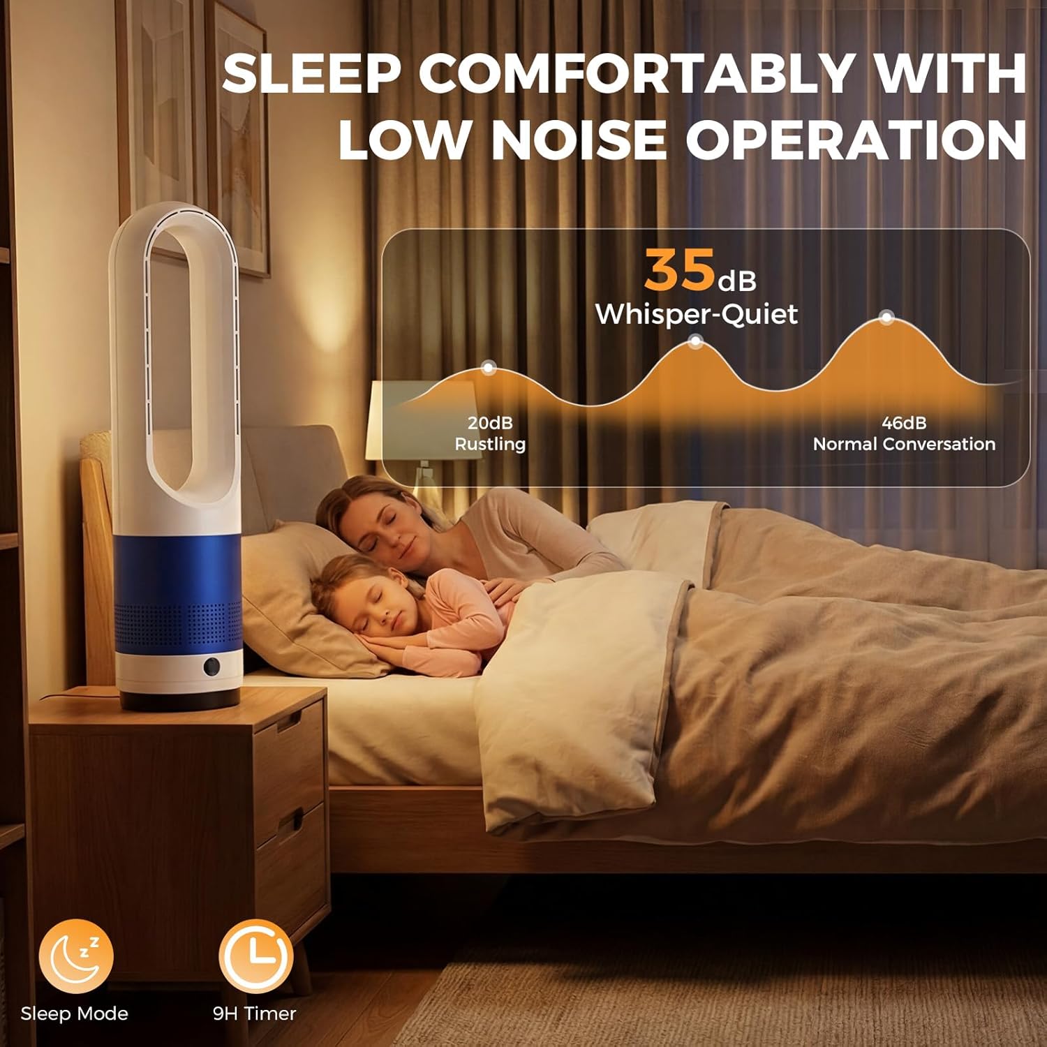 NEWBULIG 22" Bladeless Tower Fan for Bedroom, 80°Oscillating Quiet Fan, 8 Speeds, 9H Timer, Remote Control & LED Display, Portable Design, Easy to Clean for Home, Office, Blue&White