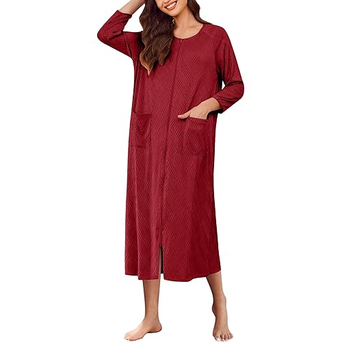 Ekouaer Zipper Robes for Women Ribbed Knit Bathrobe Lightweight Full Length Loungewear with Pockets S-3XL