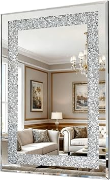 Crystal Crushed Diamond Wall Mirror 36x24 Inch, Large Rectangle Wall Mirror with Beveled Edge, Luxury Silver Frame, Perfect for Living Room, Bathroom, Entryway Decor