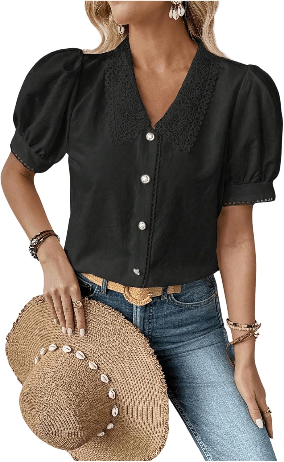 SweatyRocks Women's Puff Short Sleeve Collar Button Front Blouse V Neck Contrast Lace Shirt Tops