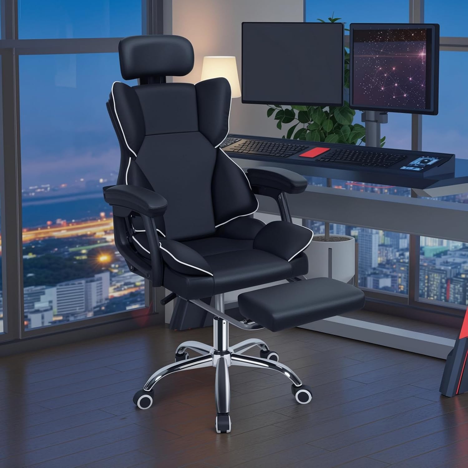 Executive Office Chair,Big and Tall Office Desk Chair,Ergonomic Computer Gaming Chairs with Foot Rest Headrest Lumbar Support 400 LBS Adjustable Faux Leather Work Chair with High Back (Black)