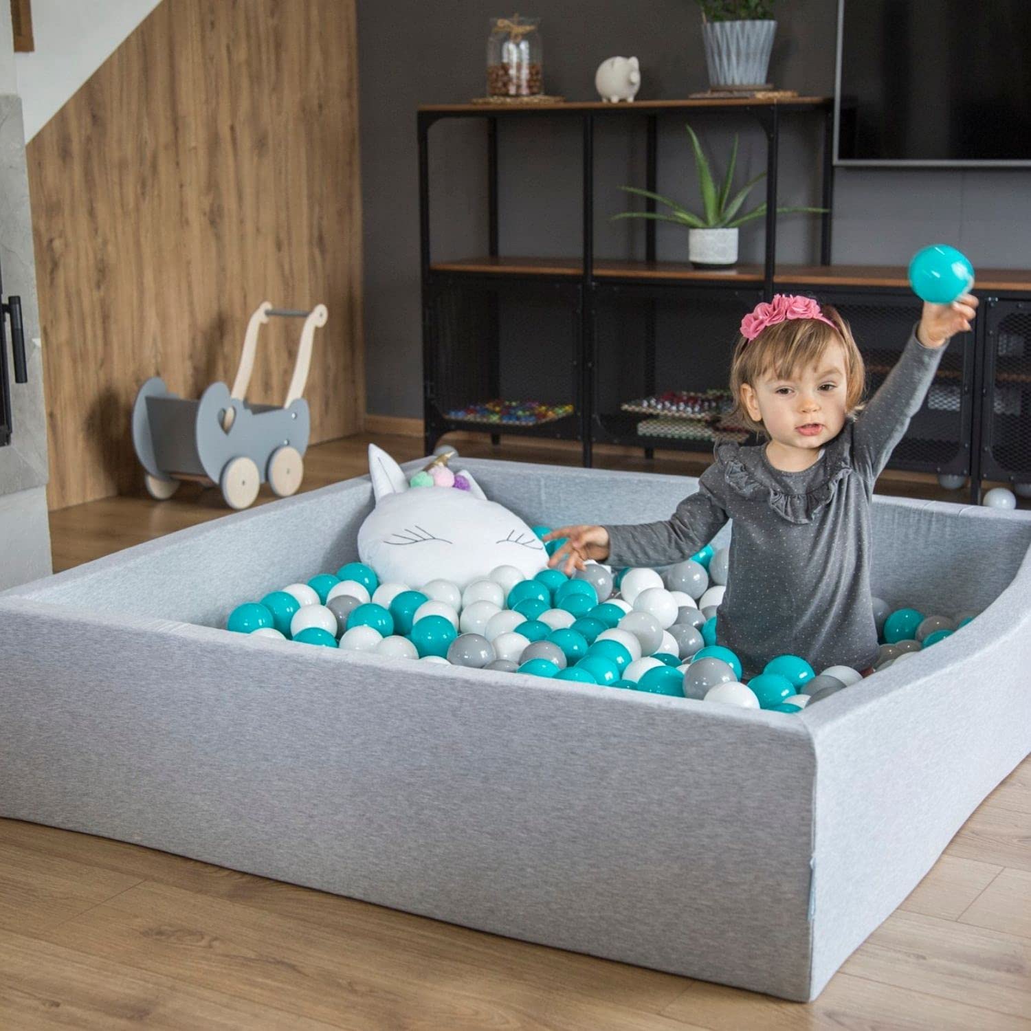 KiddyMoon Piscina di Palline 120X30cm/SENZA Palline Grande Quadrato per Bambini Fabbricato in EU, Grigio Chiaro