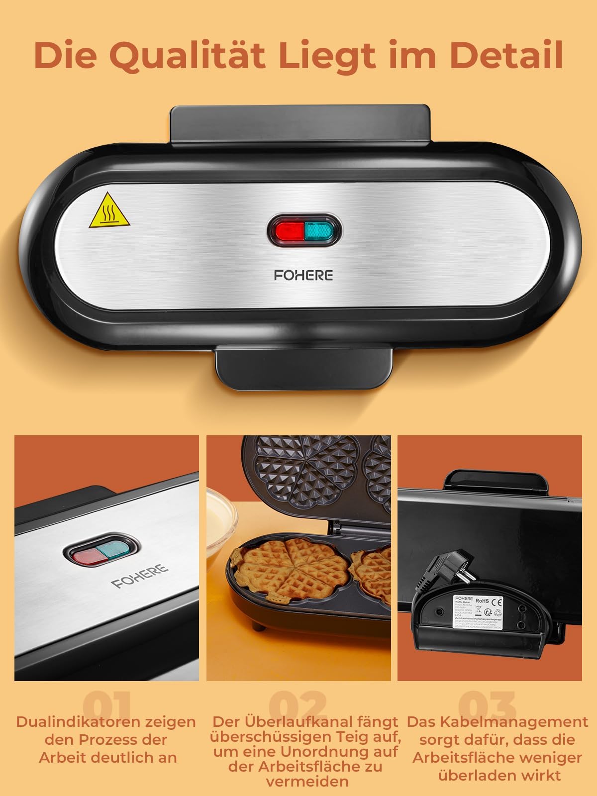 FOHERE King Size Waffeleisen, 15 Herzwaffeln in 2 Minuten, Herzwaffeleisen mit 3 Antihaftbeschichteten Backflächen für klassische Herzwaffeln, Backampel, Edelstahl, ideal für Familie & Party (silbern)