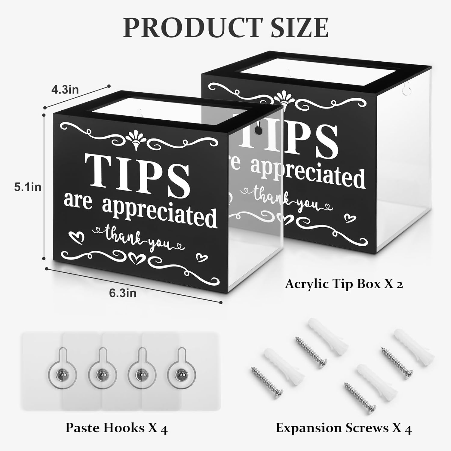 2 Pack Acrylic Tip Jar with 4 Paste Hooks 4 Expansion Screws Money Storage Container Suggestion Box Raffle Cash Bucket for Bartender Restaurants Bars Musicians, 6 x 4 x 5 Inch