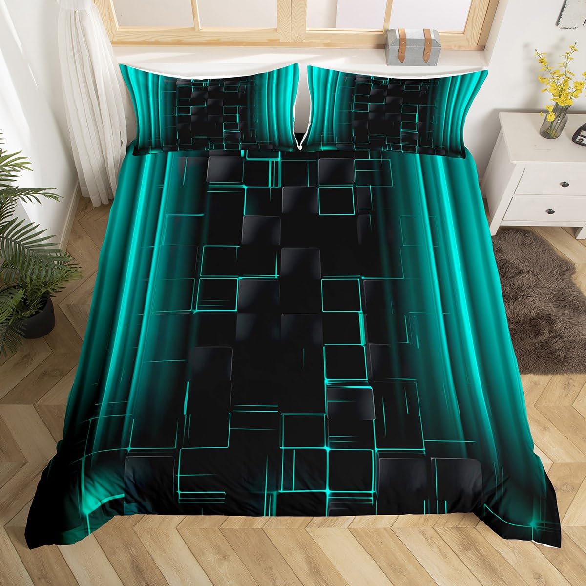 Manfei Teal and Black Duvet Cover Set Single Size, Abstract Ombre Comforter Cover