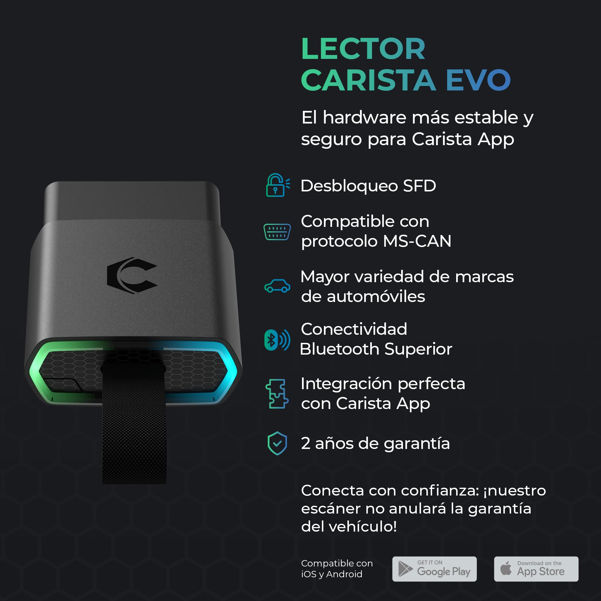 Carista EVO - Lector OBD2 Bluetooth: Diagnosis Coche Multimarca, Activación de Extras, Live Data y Herramientas de Servicio (Requiere Suscripción)
