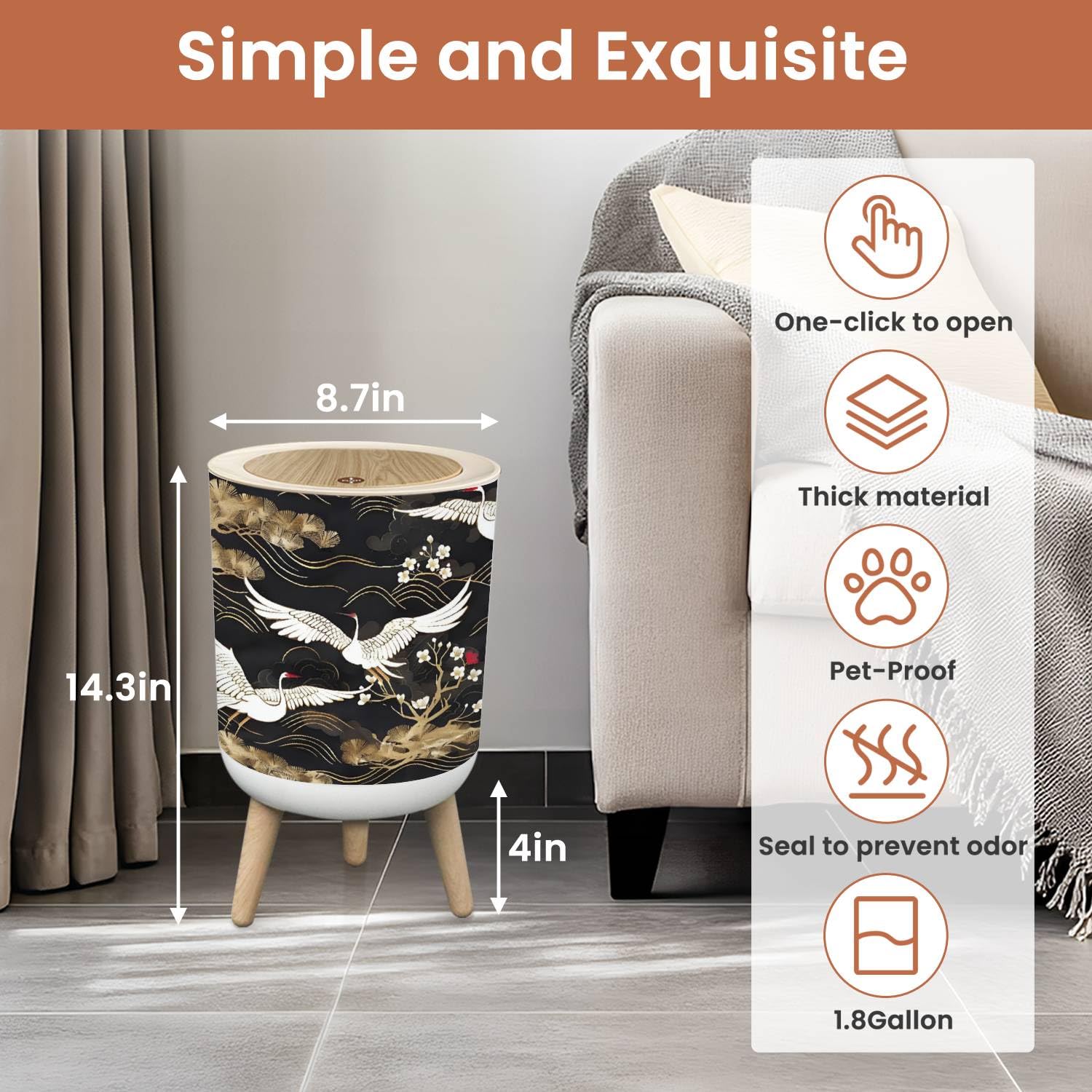 Small Trash Can with Lid Japanese seamless pattern crane birds elements Asian oriental 1.8 Gallon Dog Proof Trash Can Round Garbage Can Waste Bin Wastebasket for Bathroom Bedroom Living Room