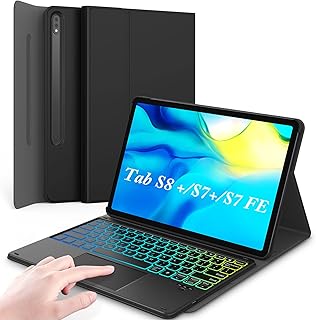 CHESONA Galaxy Tab S8 Plus/S7 fe/ S7 Plus Keyboard Case with DIY 7 Color Backlit, Touchpad, USB-C Rechargeable Detachable Wireless Keyboard for Samsung Tab S8+ 2022/ S7 FE 2021/ S7+ 2020 12.4", Black