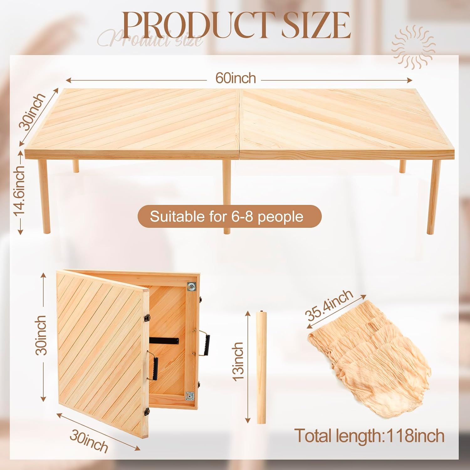 Sintuff Boho Table Low Folding Picnic Table Beach Portable Low Wood Floor Event Foldable Tables for Garden Wedding Party Camping Picnics with Runner Set(Natural Wood,30 x 60 Inches,Diagonal Stripe)