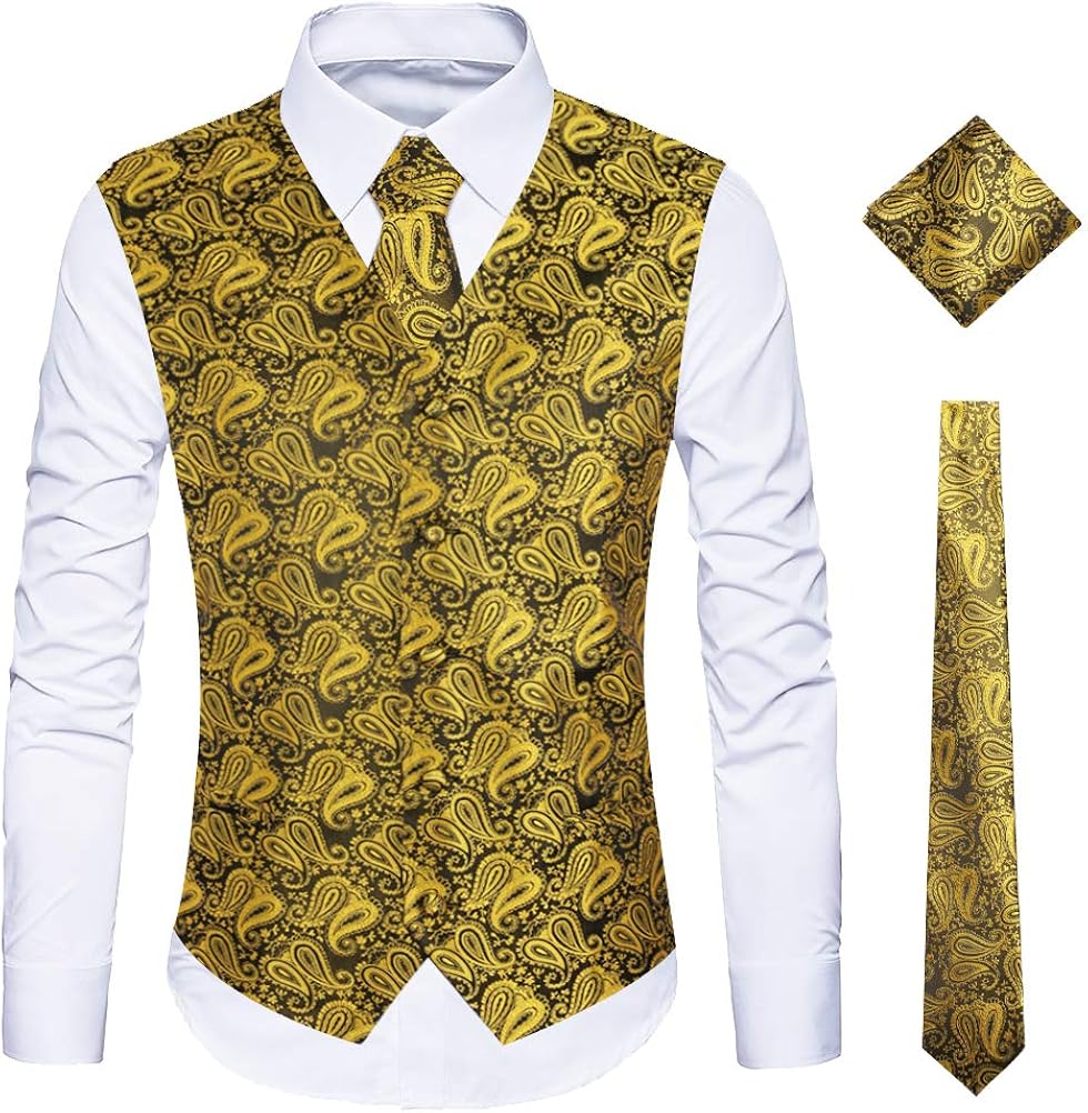 WULFUL Men's 3pc Paisley Vest Necktie Pocket Square Set for Suit or Tuxedo