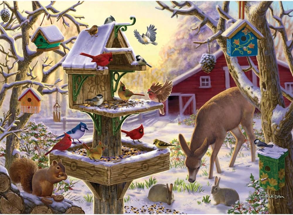 Bits and Pieces – Value Set of Two 300 Piece Jigsaw Puzzles for Adults – Building a Snowman on a Snow Day, Sunrise Feasting - Winter Snow Jigsaw Puzzles by Artist Liz Goodrick - Dillon