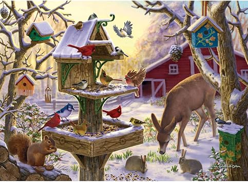 Bits and Pieces 200 Piece Jigsaw Puzzle for Adults Sunrise Feasting - Winter Barn Deer Jigsaw Puzzle by Liz Goodrick - Dillon, Completed Puzzle Size 15" x 19"