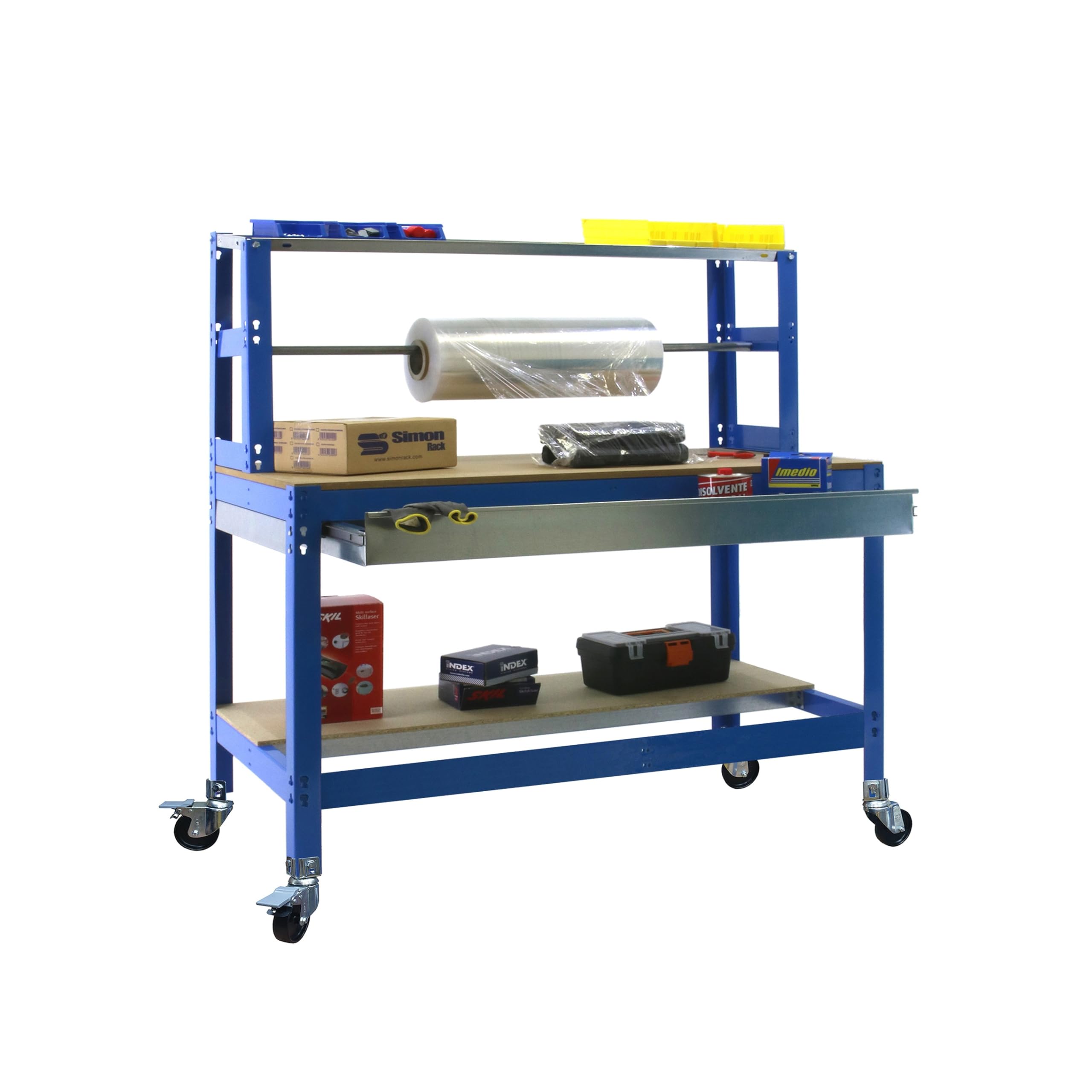 Simon Rack Banco de Trabajo Taller con Ruedas 910x760 mm - BT4 | Porta Rollo y Cajón, Tablero madera 16 mm, Capacidad Carga 120 kg, Azul , Pintura anticorrosión, Montaje sistema clic