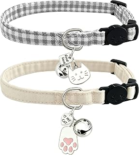 Soft Cotton Cat Collars Beige Plaid Solid Kitten Collars for Girl Boy Cats | 2 Pack Breakaway Cat Collars with Bell, Cute White Gingham Solid Adult Cat Collar, Adjustable Safety Buckle, Removable Charms