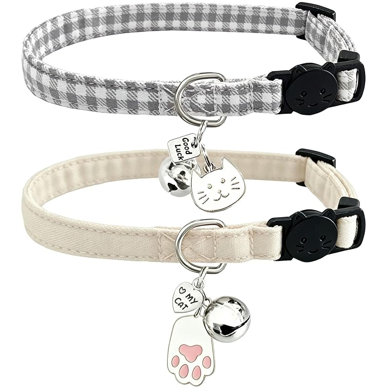 Coleira para Gatos de Algodão com Fecho Breakaway e Pingentes, Bege, Pacote com 2