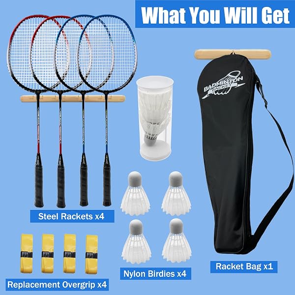 Magicorange Set di 4 racchette da badminton per giochi all'aperto, tra cui 4 racchette, 4 volani, 4 nastri di ricambio per impugnatura e 1 borsa per il trasporto - 2