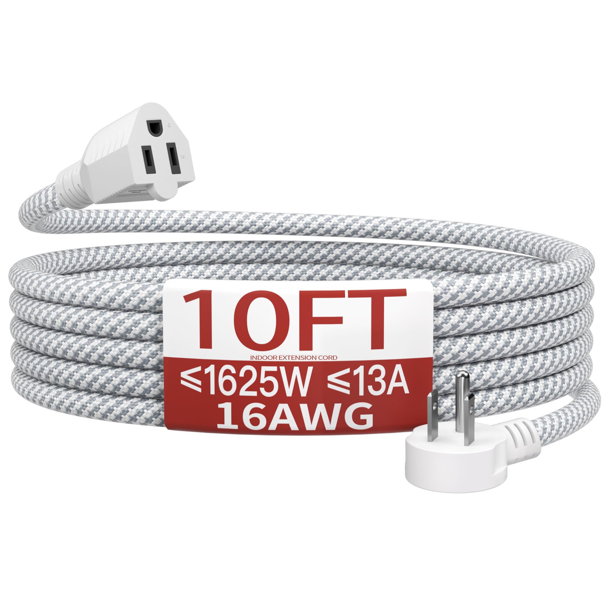 Skrizcable 16/3 10FT Flat Plug Braided Extension Cord, 3 Prong Power Cable