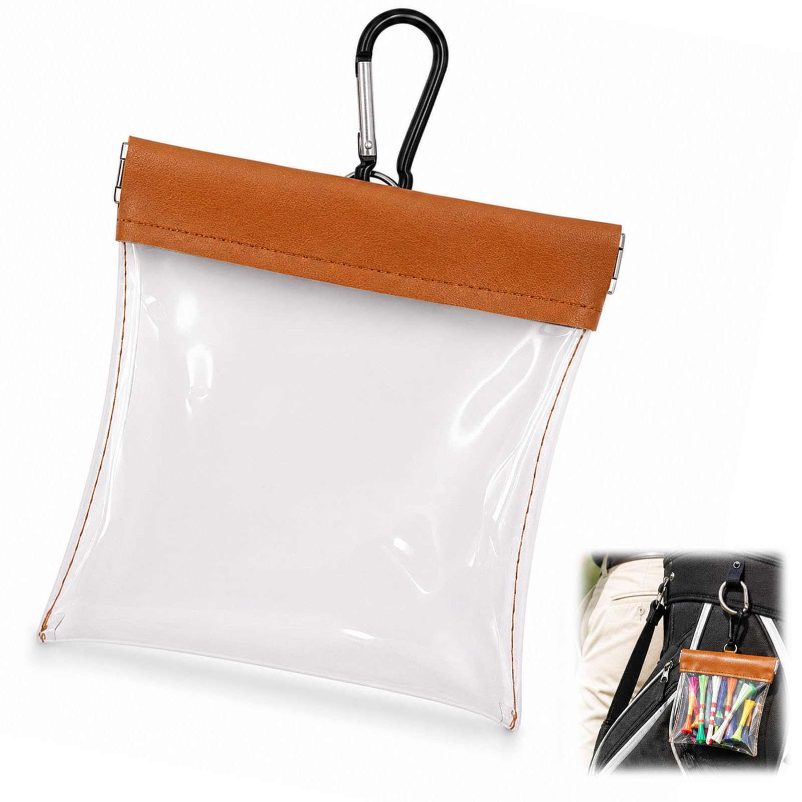 GDFGMY Transparent Golf Tee Storage Pouch, Brown Faux Leather Trim Golf Ball Tee Bag with Carabiner Clip, Waterproof Portable Golf Accessory Pouch for Golfers
