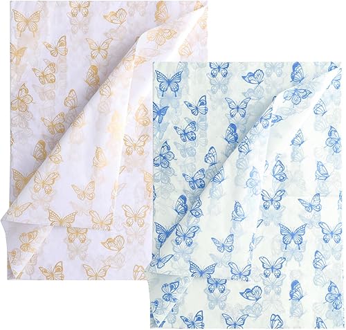 30 hojas de papel de seda de mariposa, 14 x 20 pulgadas, hojas de papel de seda dorado y azul para embalaje para Navidad, boda, fiesta de