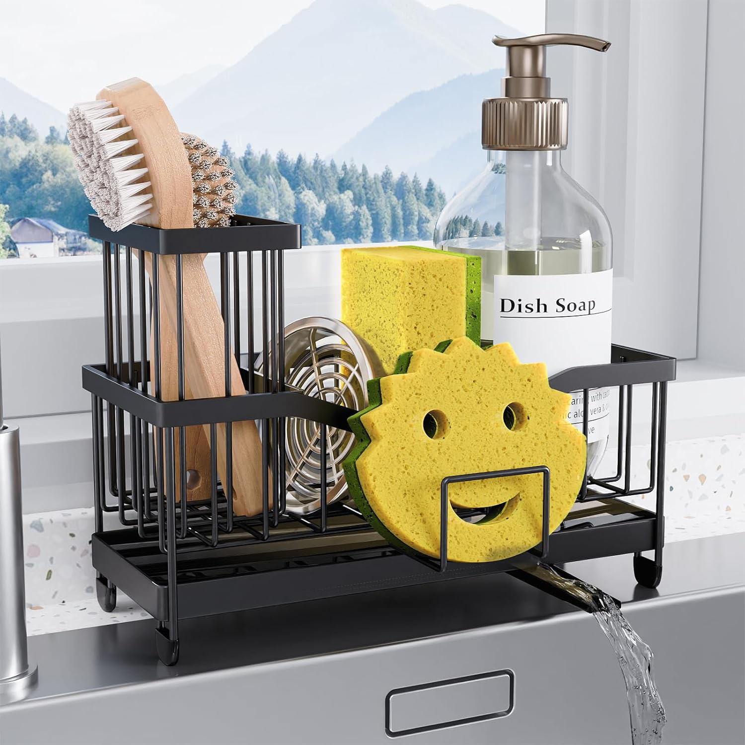 Maifan Kitchen Sink Caddy Organzier Sponge Holder for Kitchen Sink with High Brush Holder Stainless Steel Rustproof Dish