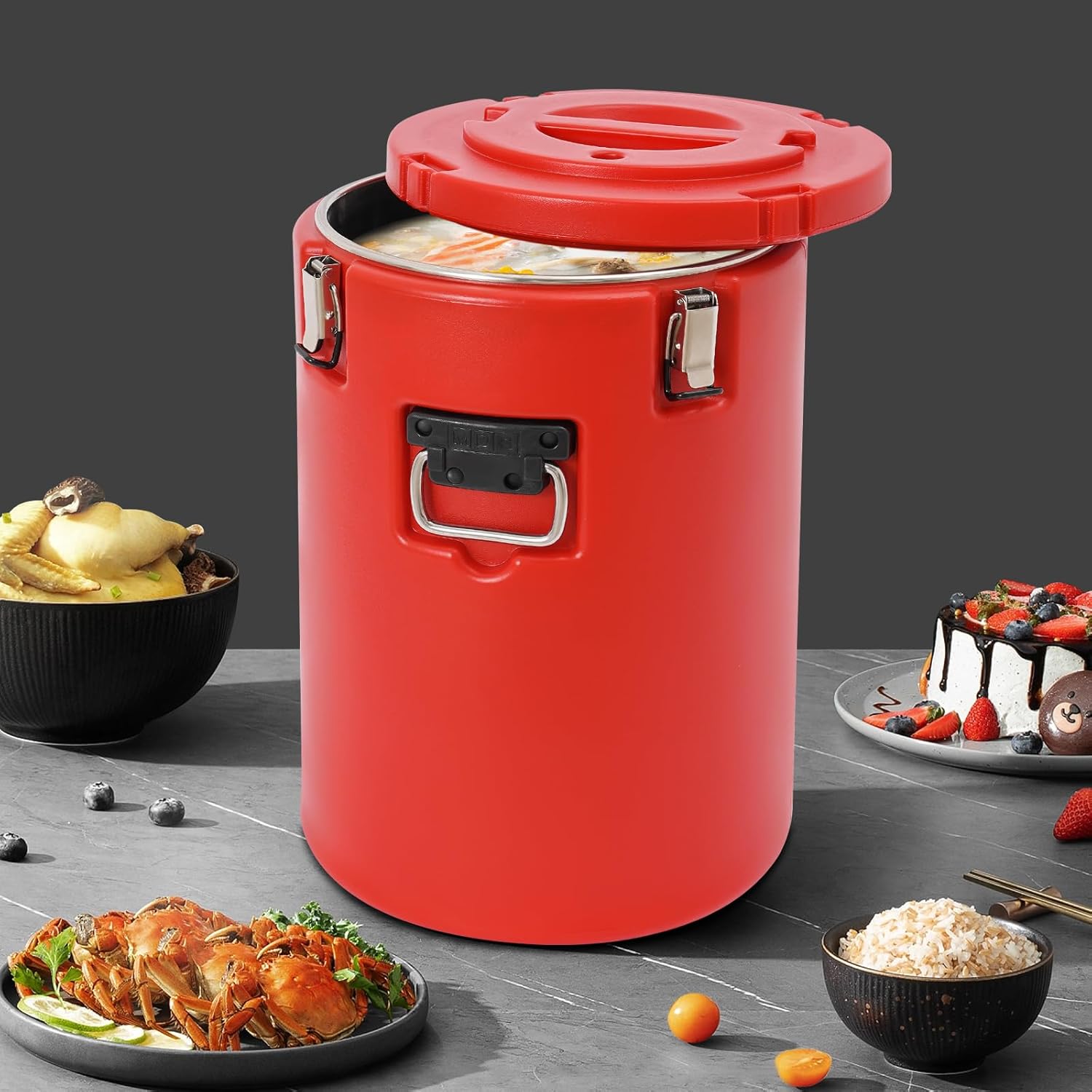 9.25 Gallon Insulated Beverage Cooler Dispenser Camping Cooler Chiller Portable Sports Coolers Round Water Beverage Dispenser with Stainless Steel Interior for Hot or Cold Food Storage (Red)