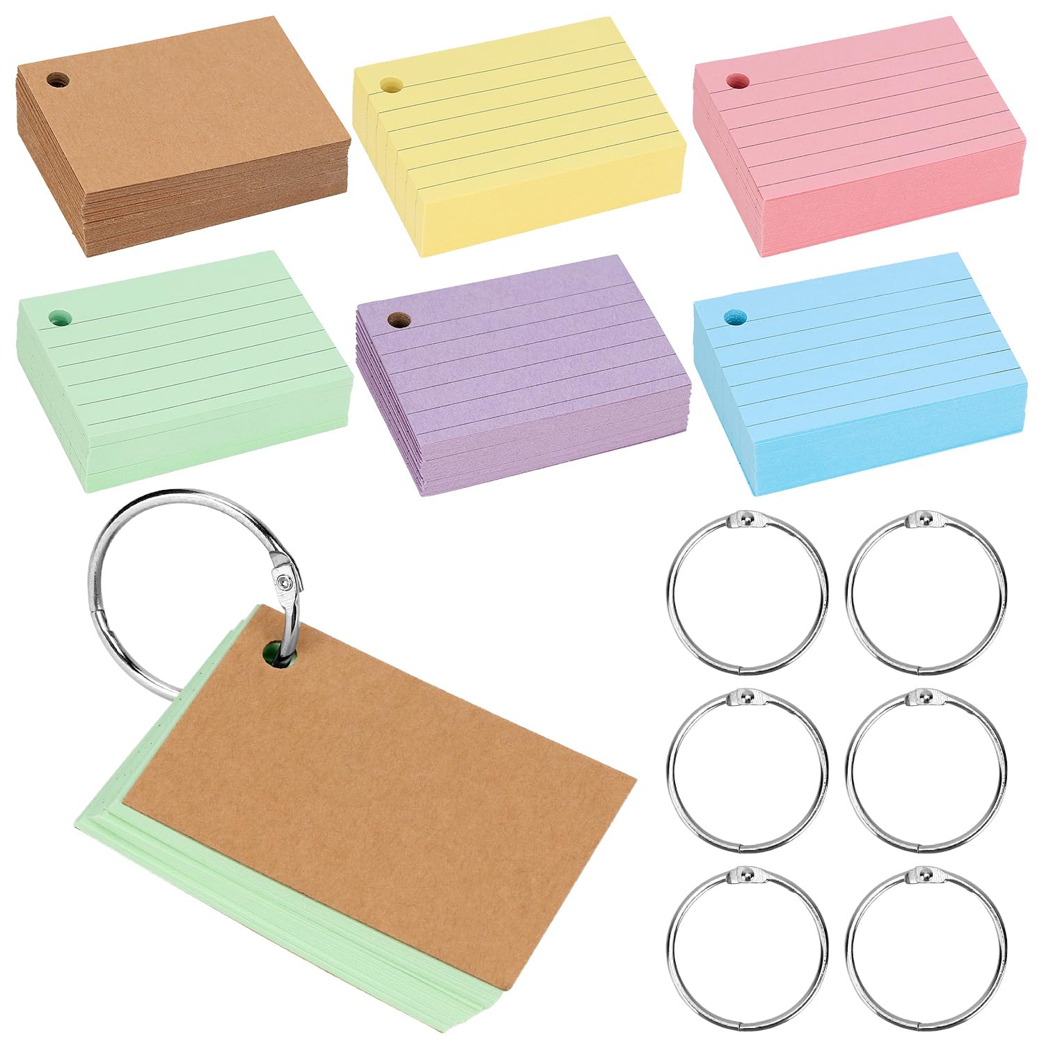 QWORK® 500Pcs A8 Revision Cards, Asssorted Colour Flashcards with Binding Rings, 75x45mm Index Cards