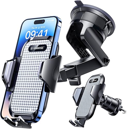VANMASS Soporte de teléfono de automóvil de grado militar verdadero [mejor succión y clip] Soporte de teléfono celular para salpicadero, parabrisas,