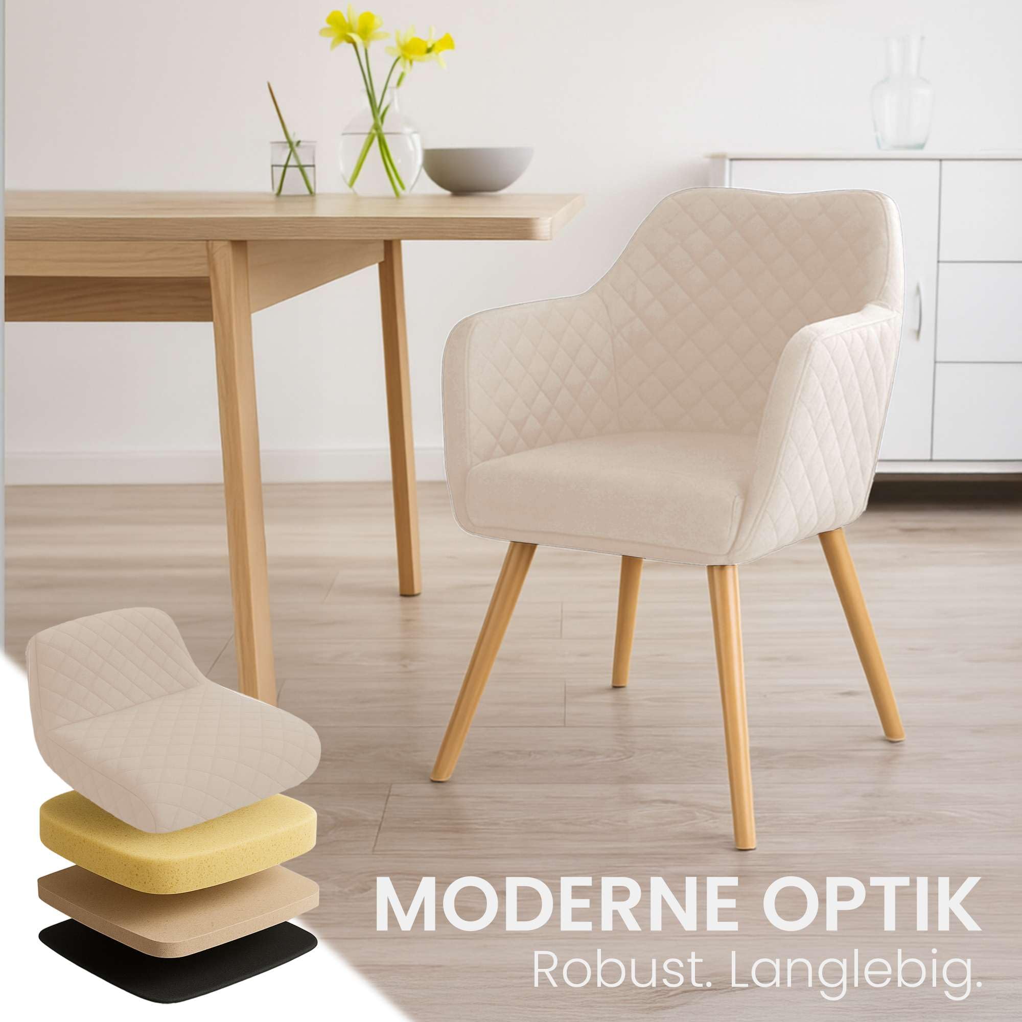 CLP Esszimmerstuhl mit Armlehne Gent, Sessel mit Holzgestell, moderner Küchenstuhl mit gepolsterter Sitzfläche und Bodenschonern, bis 120 kg Farbe Creme Gestell Farbe Natur