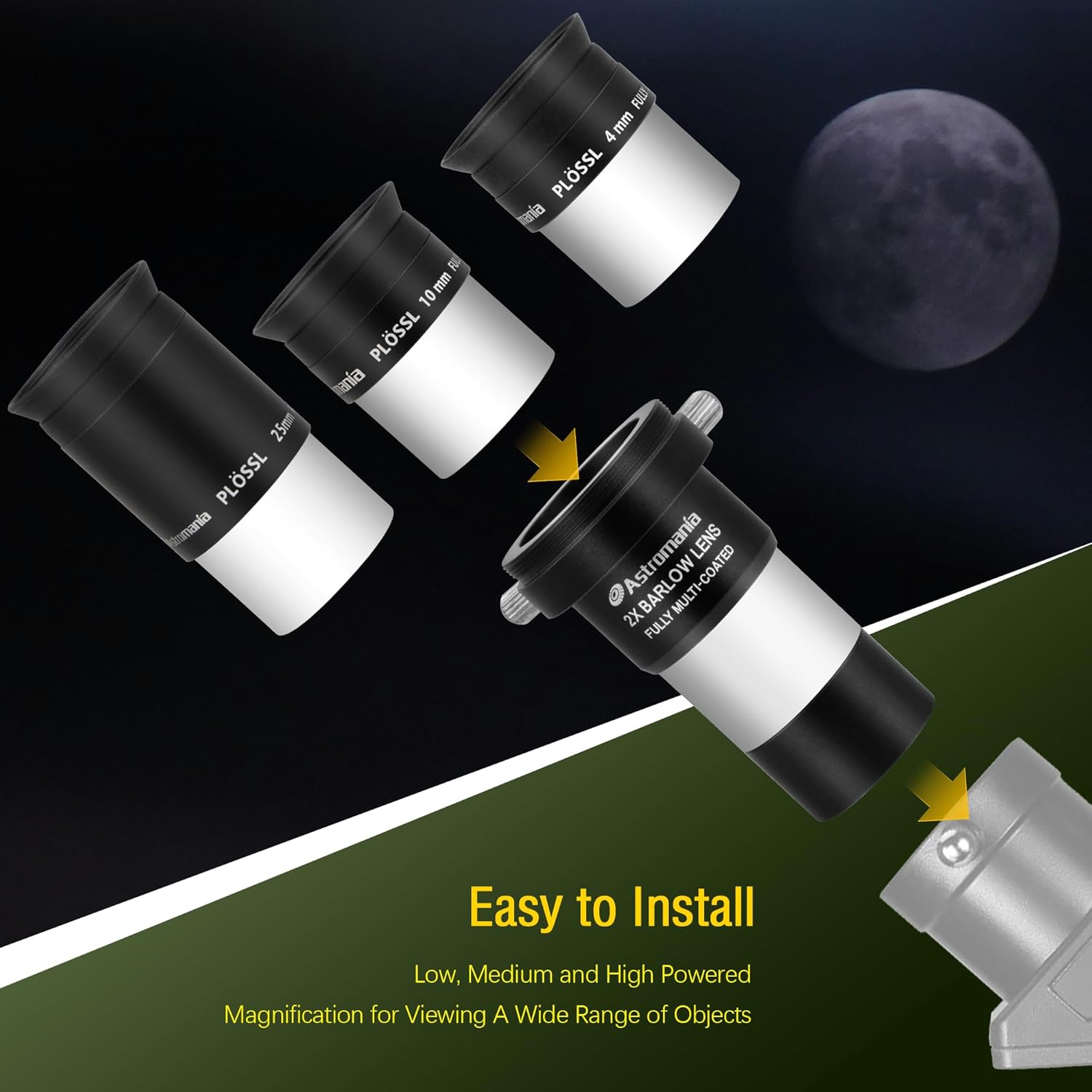 Astromania Multi Coated 1.25-Inch Plossl Eyepiece Set (4mm, 10mm, 25mm) with 2X Barlow Astronomical Telescope Accessory Kit - Let You Get The Most Out and Enhances Performance of Your Telescope