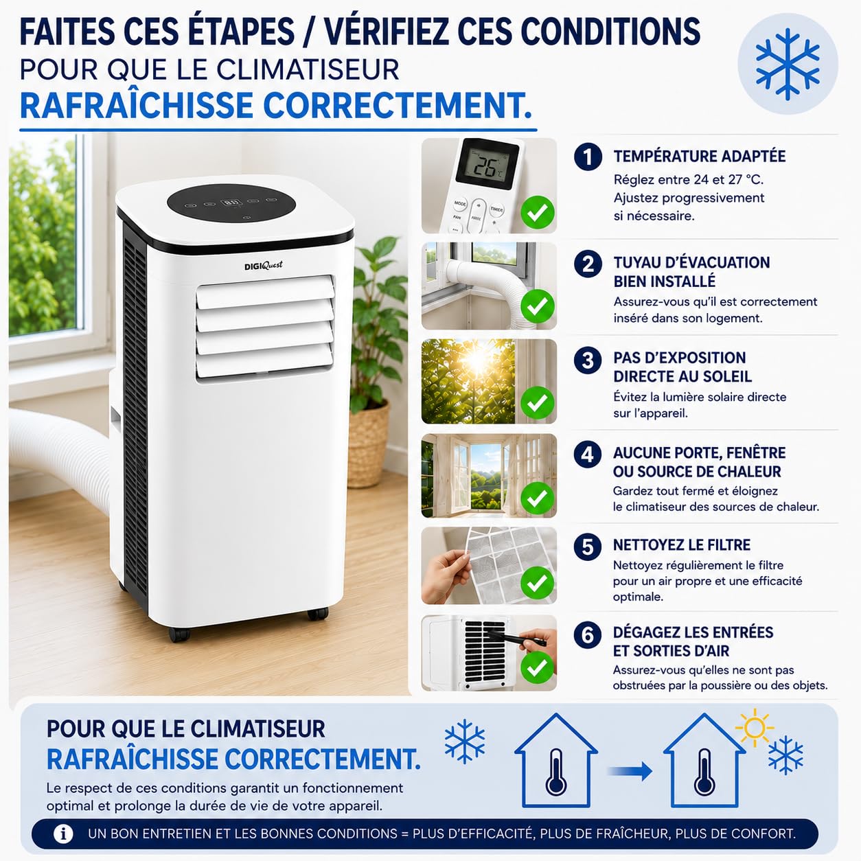 DIGIQUEST Climatizzatore portatile COMODO 9000BTU | 4 in 1: freddo, caldo, umidificatore e ventilatore (2.6kW e 2.0 kW) | 24h Timer | Modalità Notte | Salvaspazio [Classe energetica A]