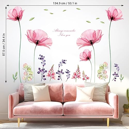 Vista 5 de DECOWALL SG2-106 - Calcomanías de pared con diseño de flores rosadas, diseño floral, vintage, para sala de estar, murales, despegar y pegar