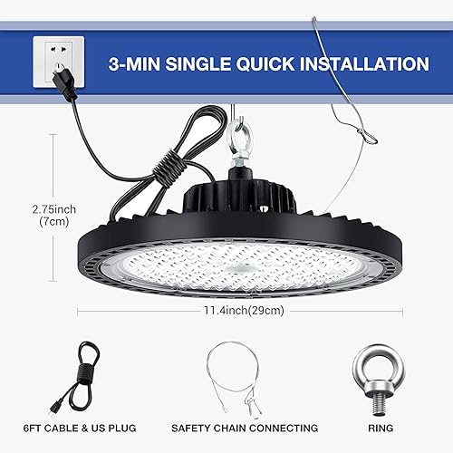 Miniatura 8 de EVBFORU Luz LED de alta bahía de 200 W, 6 paquetes de 29,000 lm con enchufe de EE. UU., luz de alta bahía UFO para almacén, taller, fábrica,