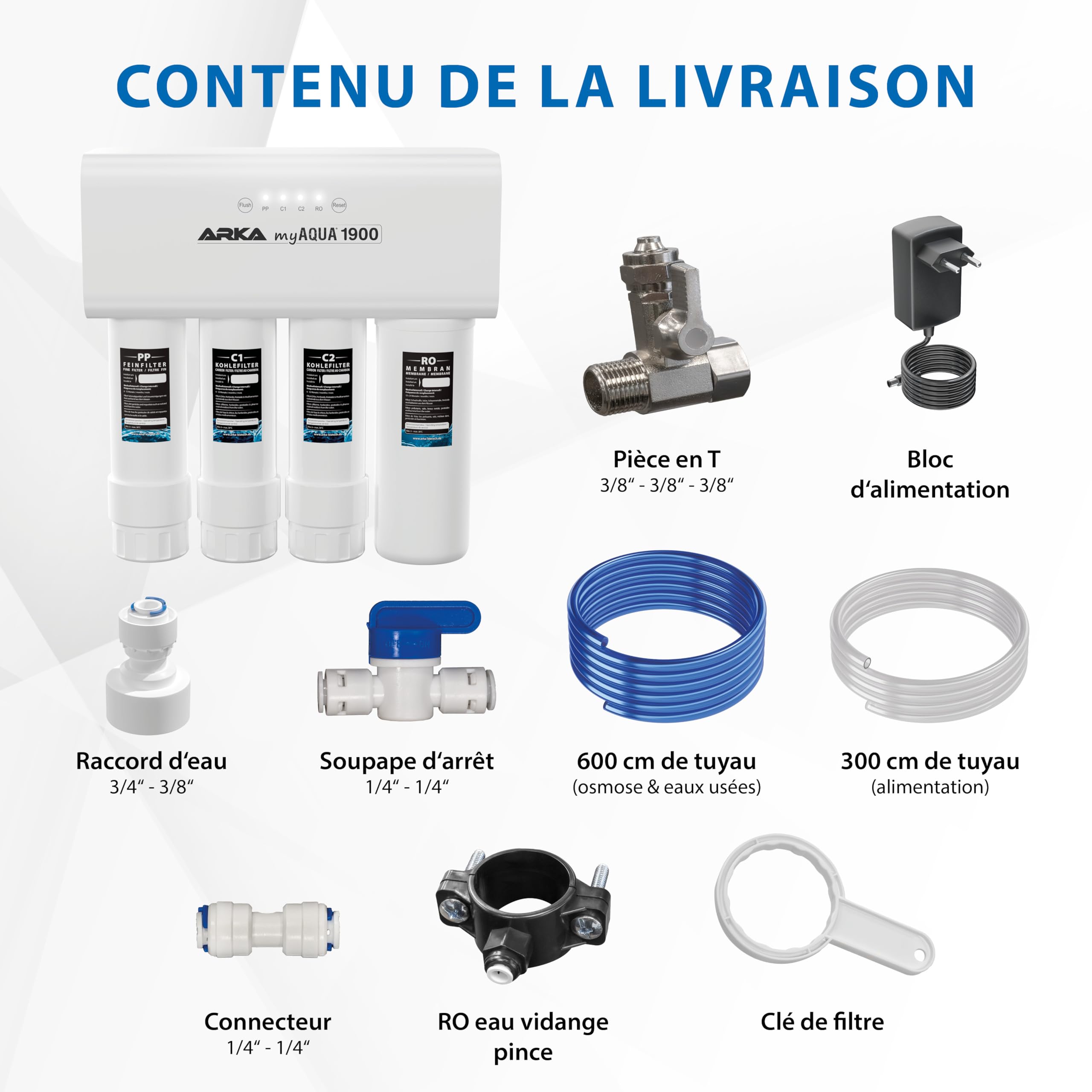 Système d’osmose inverse 1900 L/jour – ARKA myAQUA 1900 – élimine 99 % des sels, polluants & bactéries – filtre à eau & adoucisseur intelligent pour aquarium & maison – kit complet avec indicateur LED